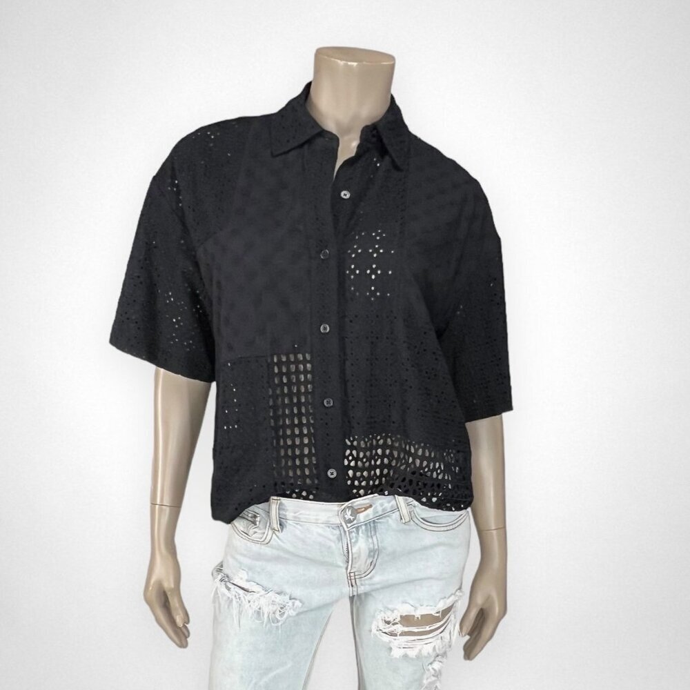 RAILS Yuri Shirt Black Eyelet Mix Button Down Black Top‎ XS Petite Summer - Picture 2 of 13